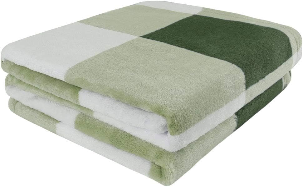 Plaid Flannel Fleece Blanket Queen Size, Grey and White T59431