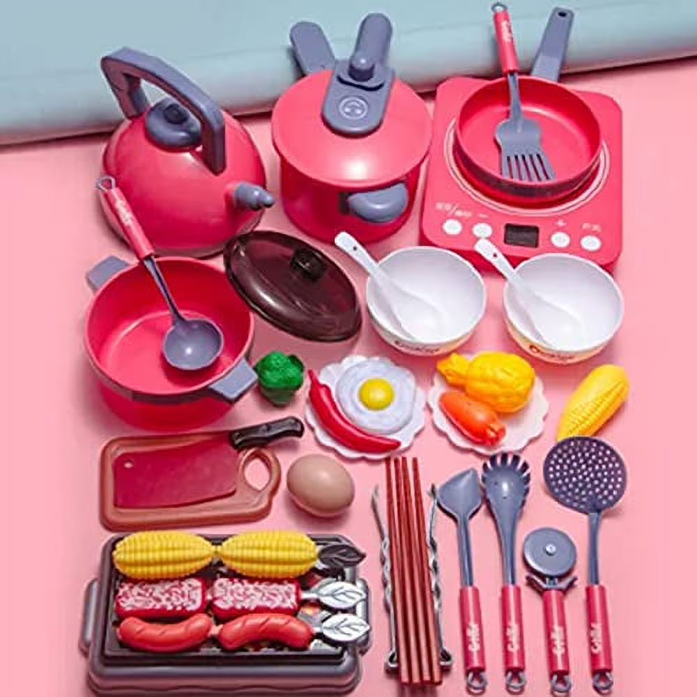 Pretend Play Kitchen Toy with Cookware, Steam Pressure Pot, Electronic Induction Cooktop, Cooking Utensils, Toy Cutlery, Play Food, Shopping Basket K28974
