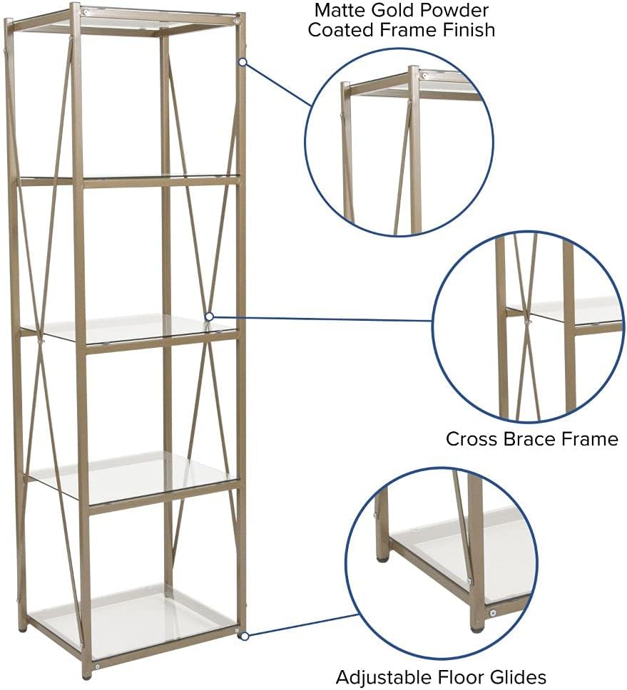 Matte Gold 4 Shelf Glass Bookcase B489