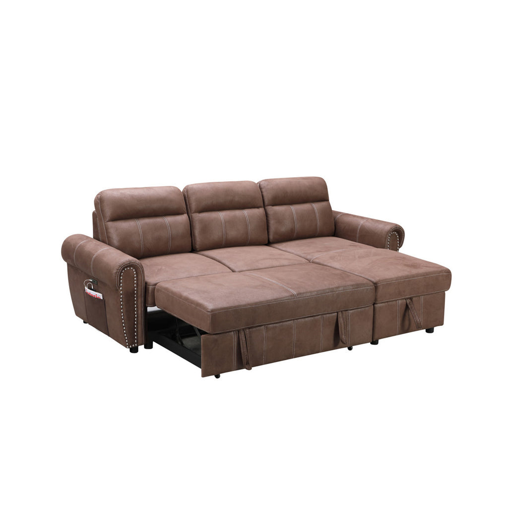 Brown Reversible Sleeper Sectional Sofa Chaise with USB Charger W84077