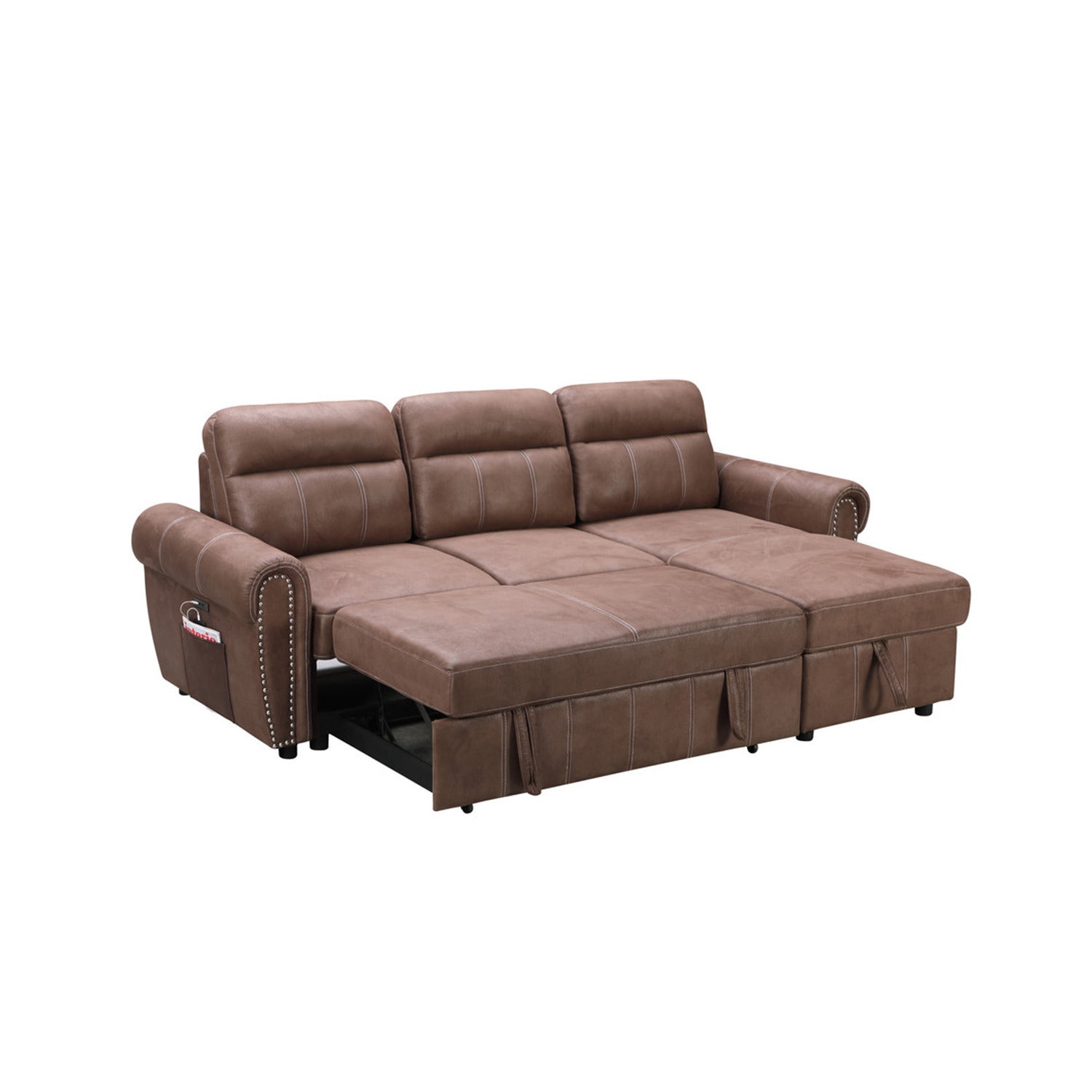 Brown Reversible Sleeper Sectional Sofa Chaise with USB Charger W84077