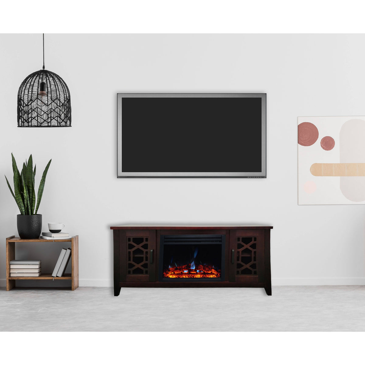 Mahogany Mid-Century Modern Electric Fireplace with Multi-Color Log Insert J4254