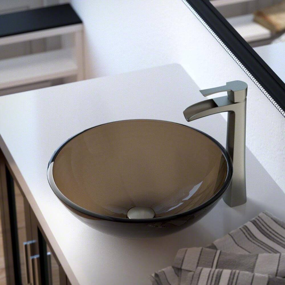 Taupe Vessel Sink Ensemble with Brushed Nickel Finish Faucet, Pop-Up Drain, and Sink Ring Y58891