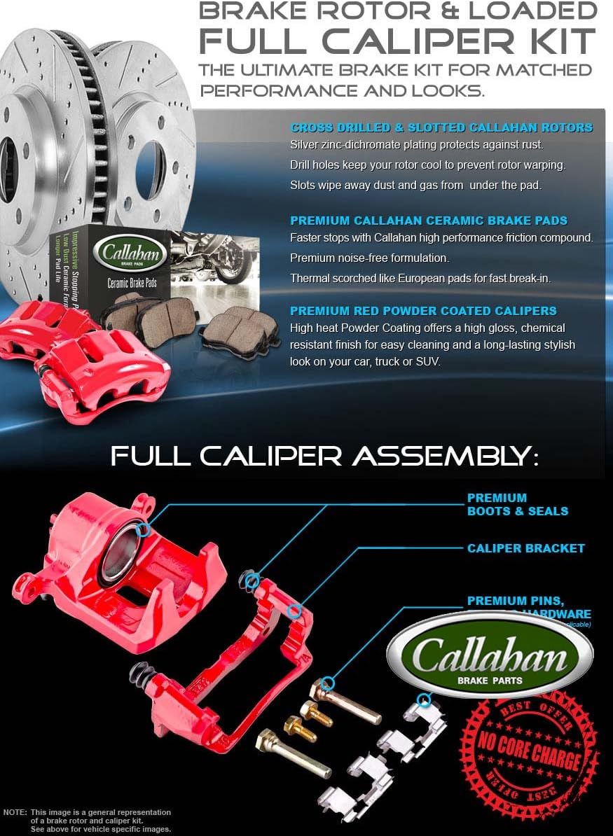Red Powder Coated Calipers Drilled Slotted Rotors Ceramic Pads W8884