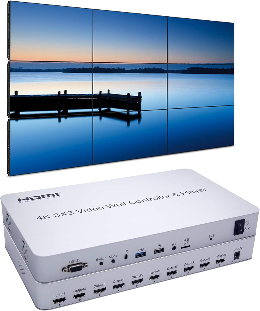 3x3 Video Wall Controller with Media Player, 1080p, HDMI 1.4, 1 HDMI Input & 9 Outputs F496524