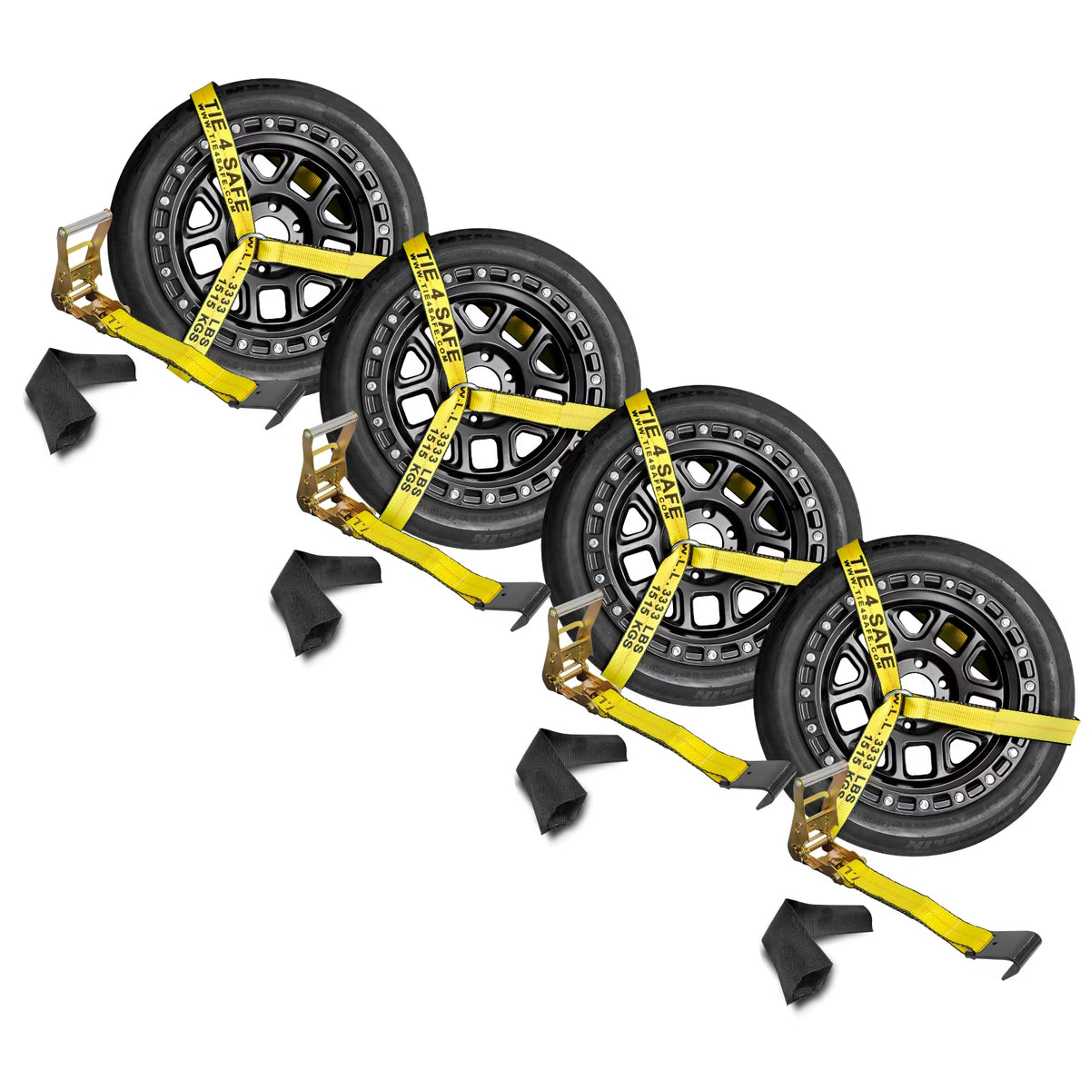 4 Pack 2" x 10' Side Mount Wheel Net Tie Down Ratchet Lasso Strap Flat Hook Yellow B33299