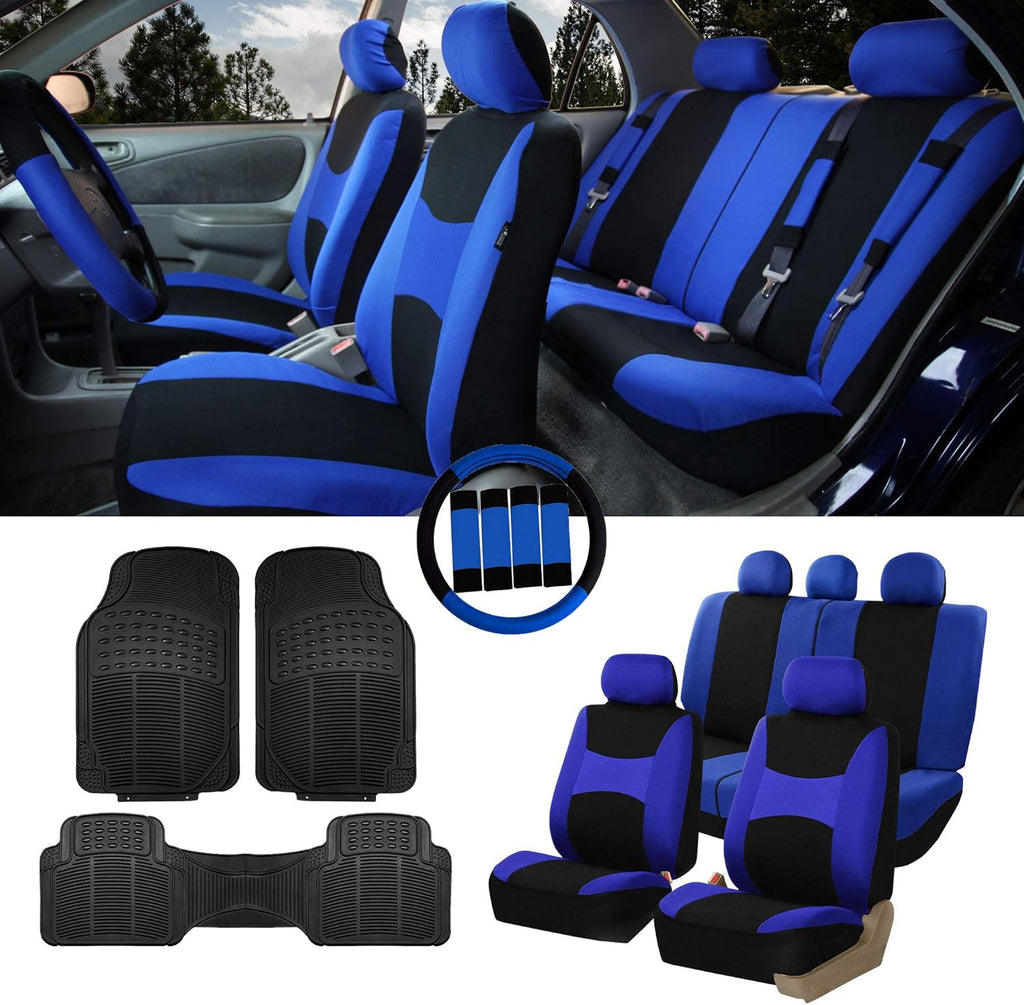 Beige Black Cloth Car Seat Covers Combo Set with Steering Wheel Cover, Seat Belt Pads and Vinyl Floor Mats L15949