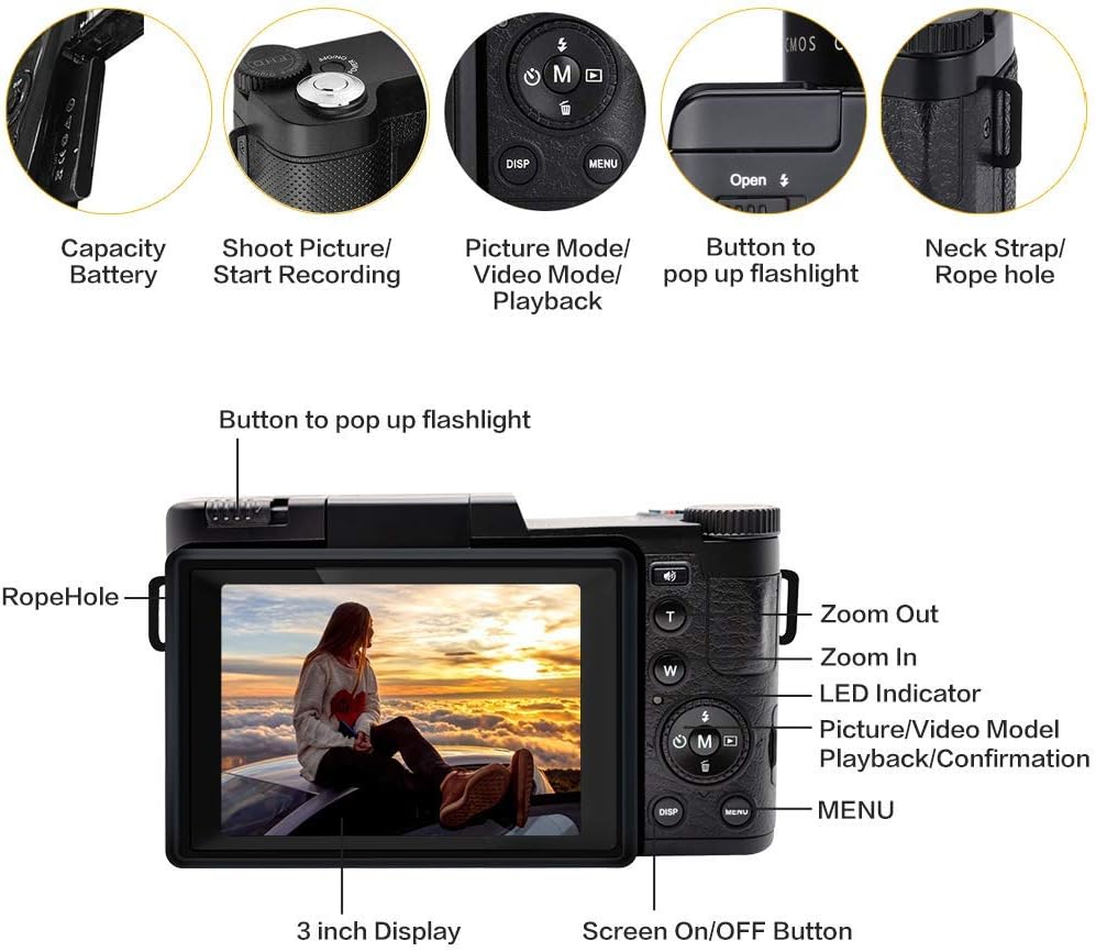 2.7K 30MP Full HD Digital Camera with Retractable Flash and 3 Inch Flip Screen S3295