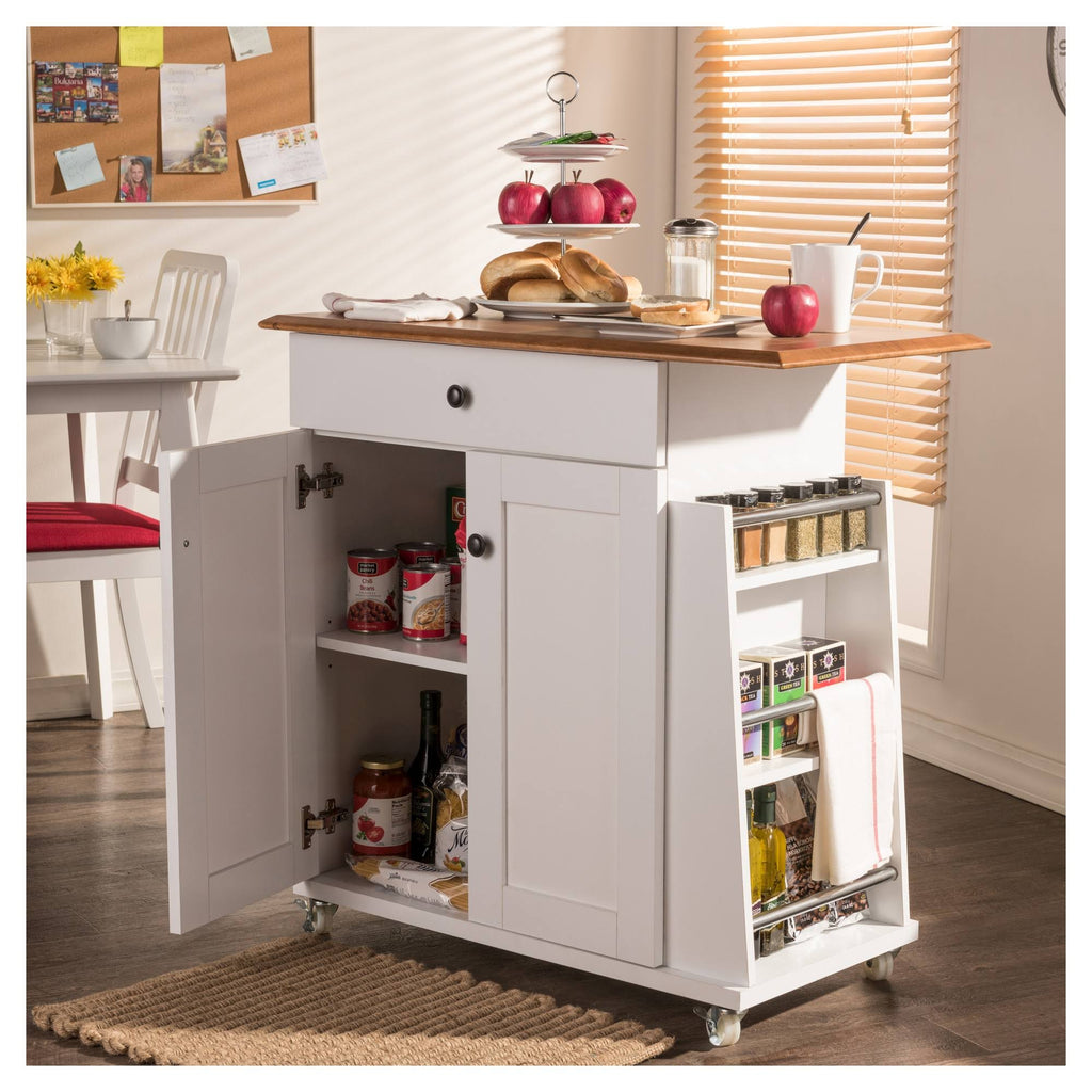 Two-Tone White and Dark Brown Lacquered Wood Kitchen Cart Cabinet B9800