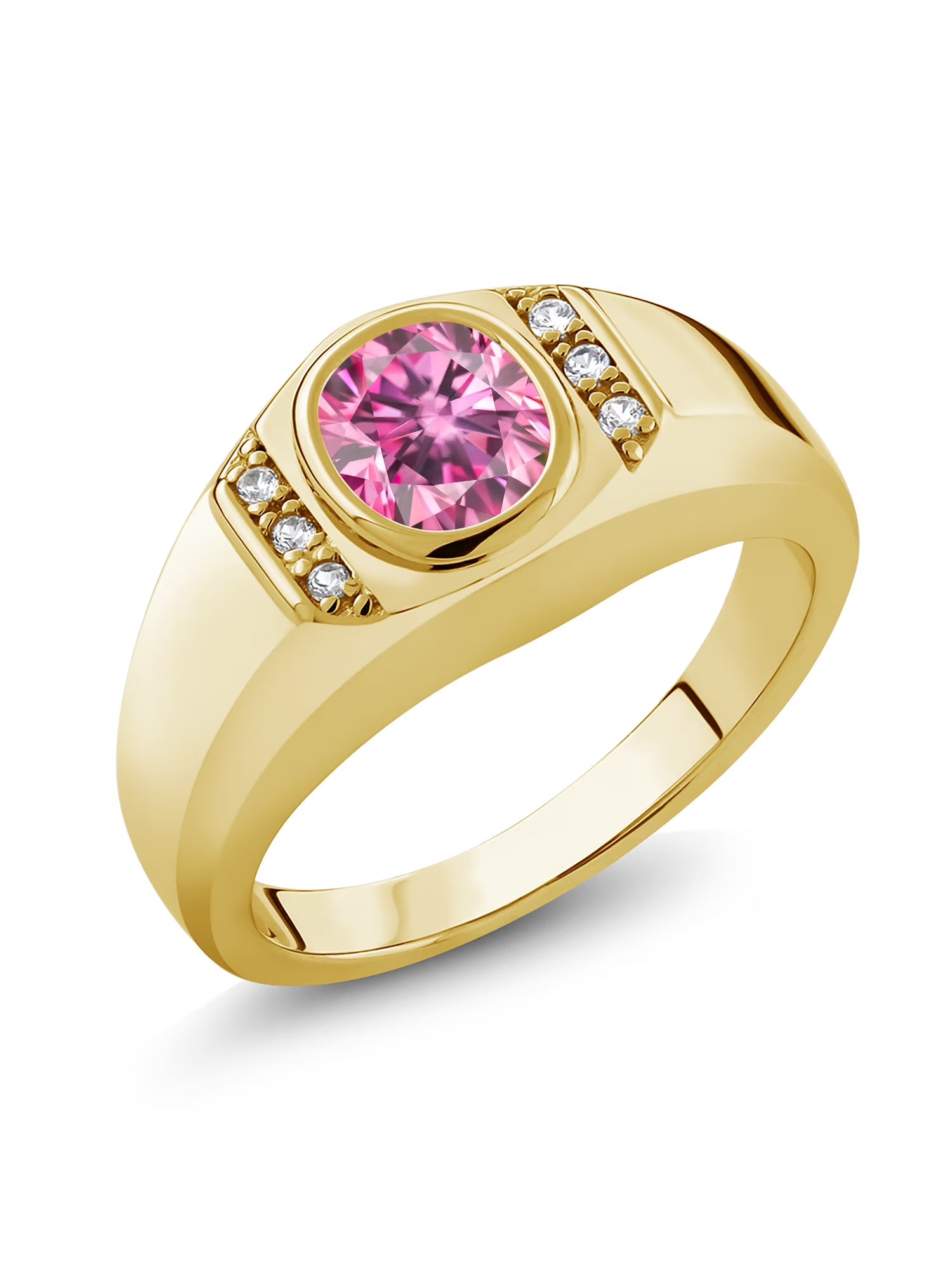 18K Yellow Gold Plated Silver Oval Pink Moissanite and Created Sapphire Ring S34131
