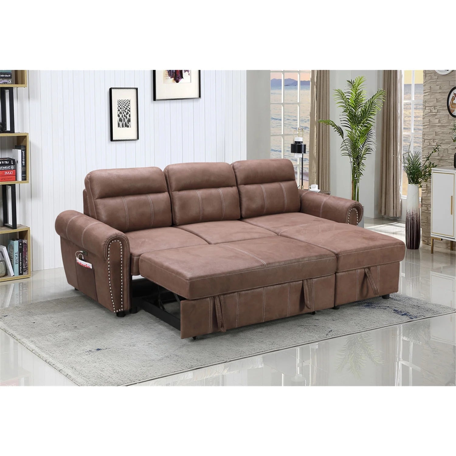 Brown Reversible Sleeper Sectional Sofa Chaise with USB Charger W84077