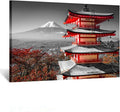 Black and White Photograph with Pop of Red on a Chinese Shrine Canvas Prints Wall Art Fall Landscape Photo to Canvas Giclee Artwork with Frame Ready to Hang Home Decor 24x36inch Z4304