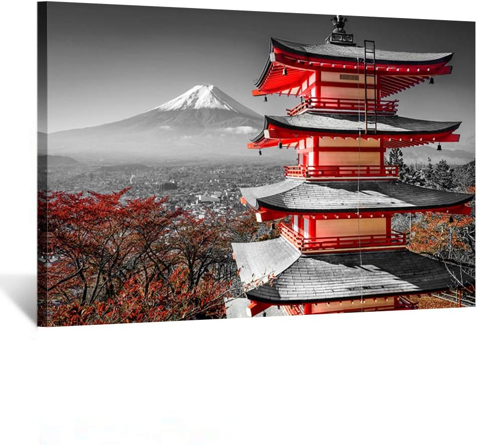 Black and White Photograph with Pop of Red on a Chinese Shrine Canvas Prints Wall Art Fall Landscape Photo to Canvas Giclee Artwork with Frame Ready to Hang Home Decor 24x36inch Z4304