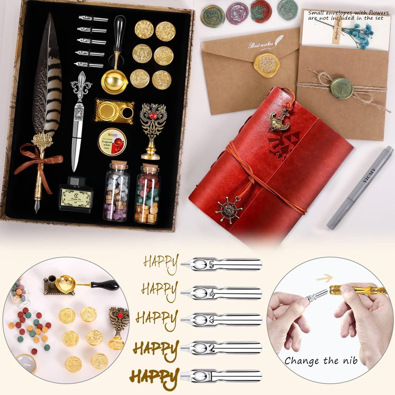 Pheasant Quill Pen and Ink Set Wax Seal Stamp Kit with Leather Journal Notebook, 7 Wax Stamp Heads, Pack of 2 X451065