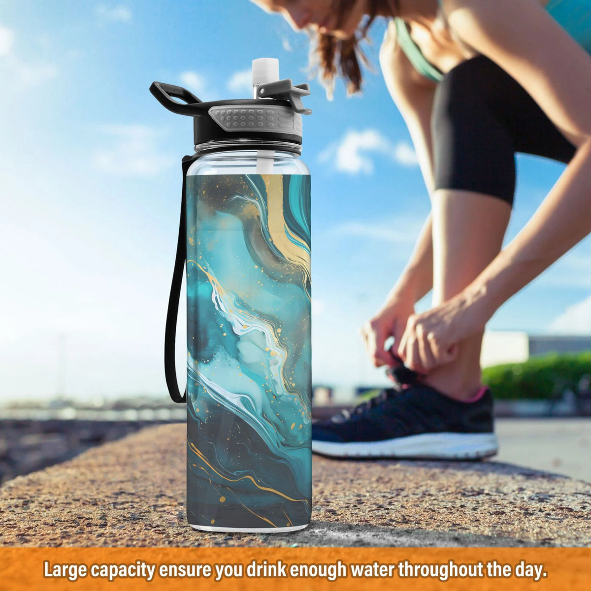 Green Marble and Golden 32oz Tritan Leakproof Sports Bottle with Straw B527