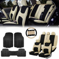 Beige Black Cloth Car Seat Covers Combo Set with Steering Wheel Cover, Seat Belt Pads and Vinyl Floor Mats L15949