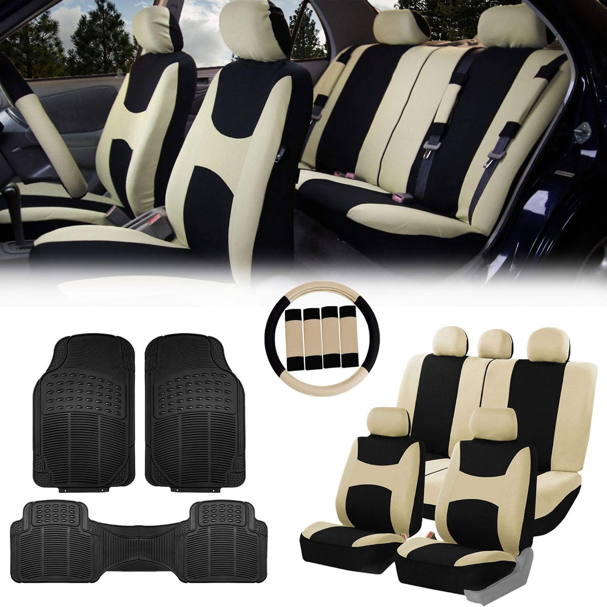 Beige Black Cloth Car Seat Covers Combo Set with Steering Wheel Cover, Seat Belt Pads and Vinyl Floor Mats L15949