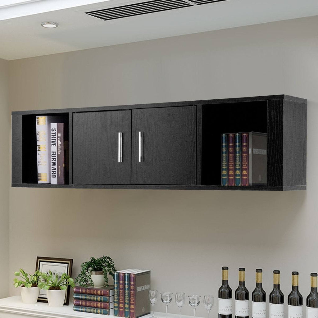 Black Wall Mounted Floating Desk Hutch Cabinet with 2 Door Storage Shelves F94062