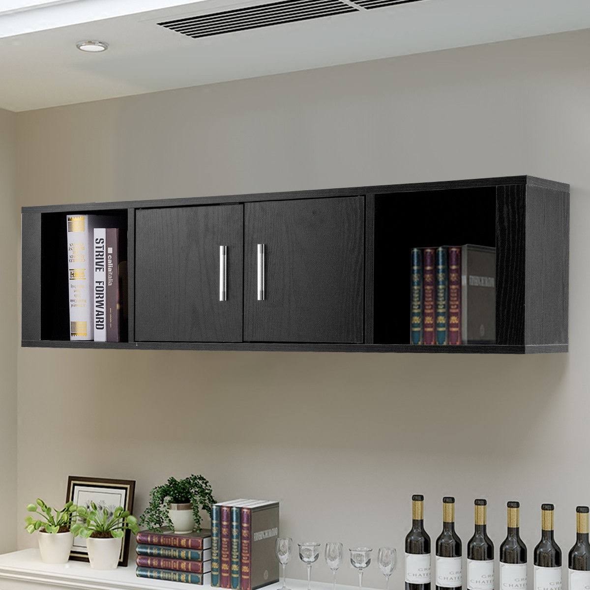 Black Wall Mounted Floating Desk Hutch Cabinet with 2 Door Storage Shelves F94062