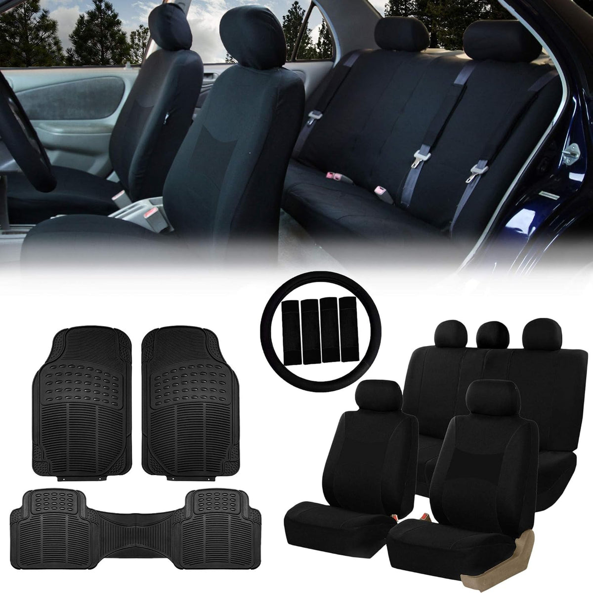 Beige Black Cloth Car Seat Covers Combo Set with Steering Wheel Cover, Seat Belt Pads and Vinyl Floor Mats L15949