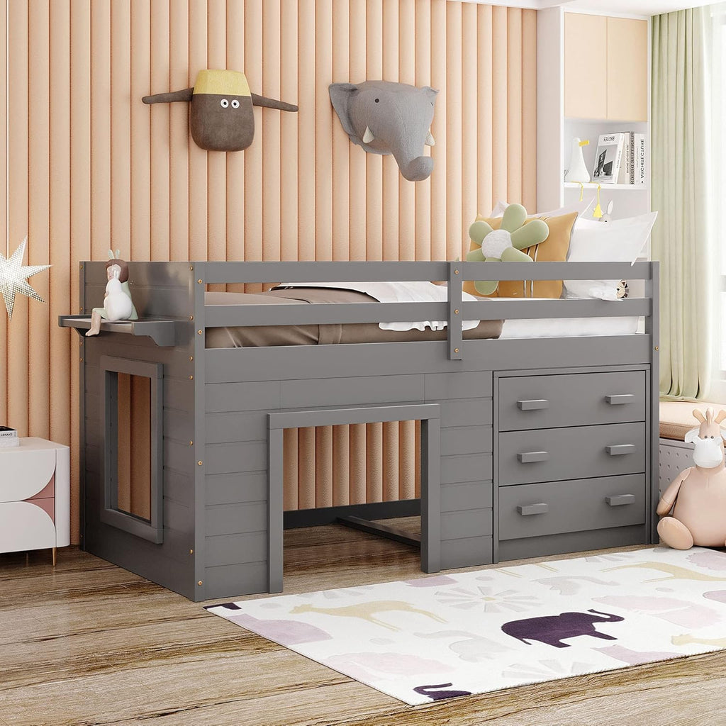 Twin Size Loft Bed with Desk and Storage Cabinet V465