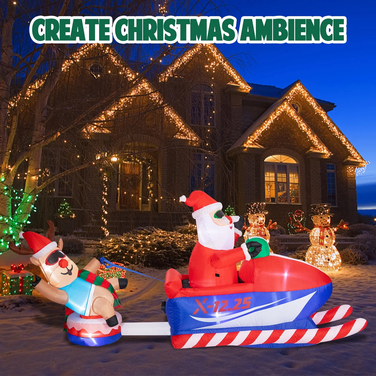 Snowmobile Santa Claus and Reindeer Sleigh Inflatable with LED Z7014