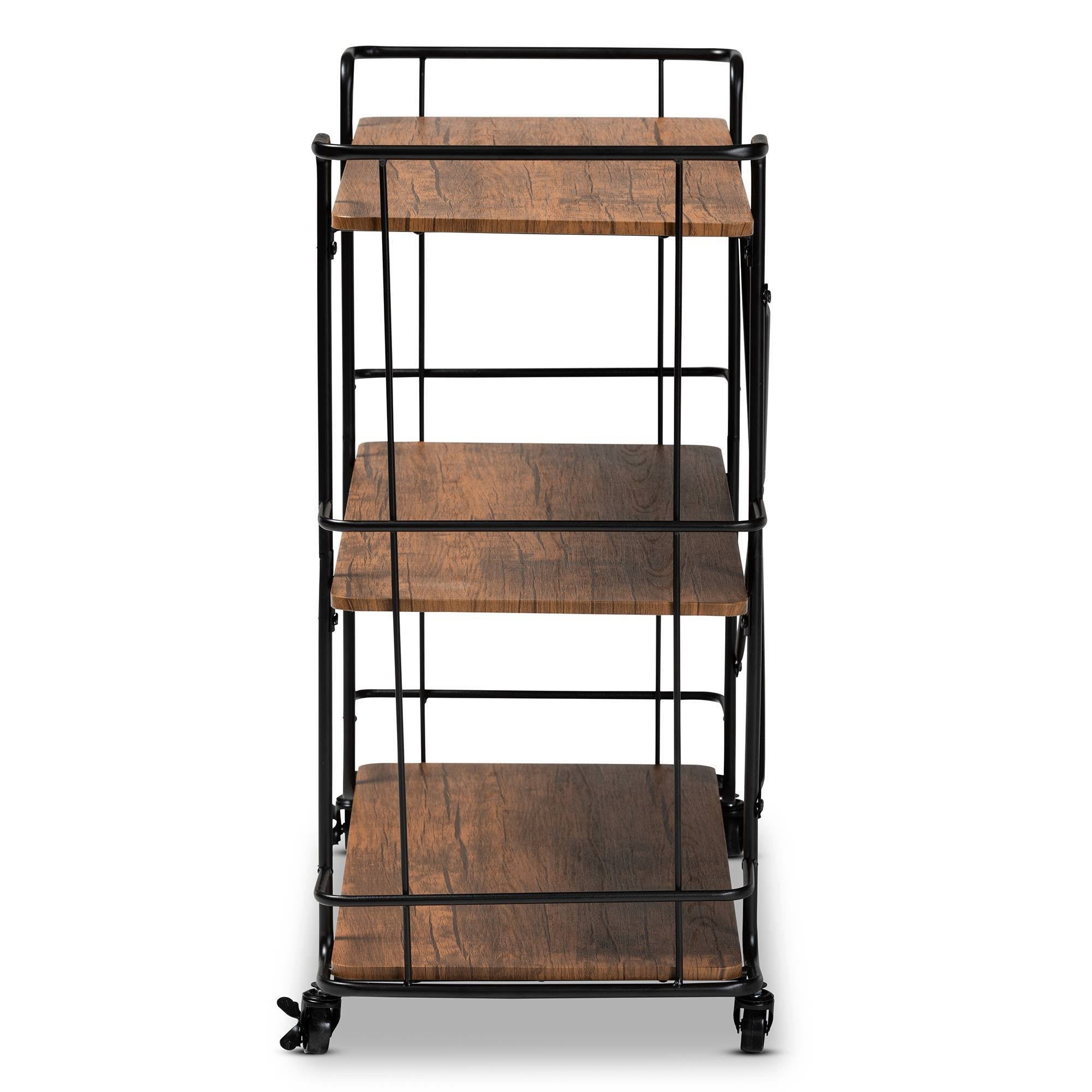 Black Metal and Walnut Finished Wood Bar and Kitchen Serving Cart B76625