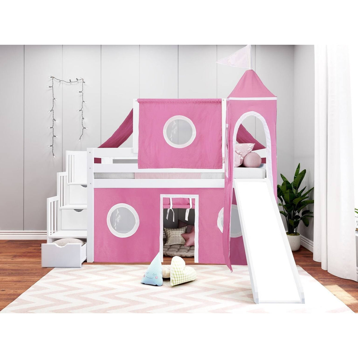 Blue Low Loft Twin Stairway Bed with Slide and Tent C28925