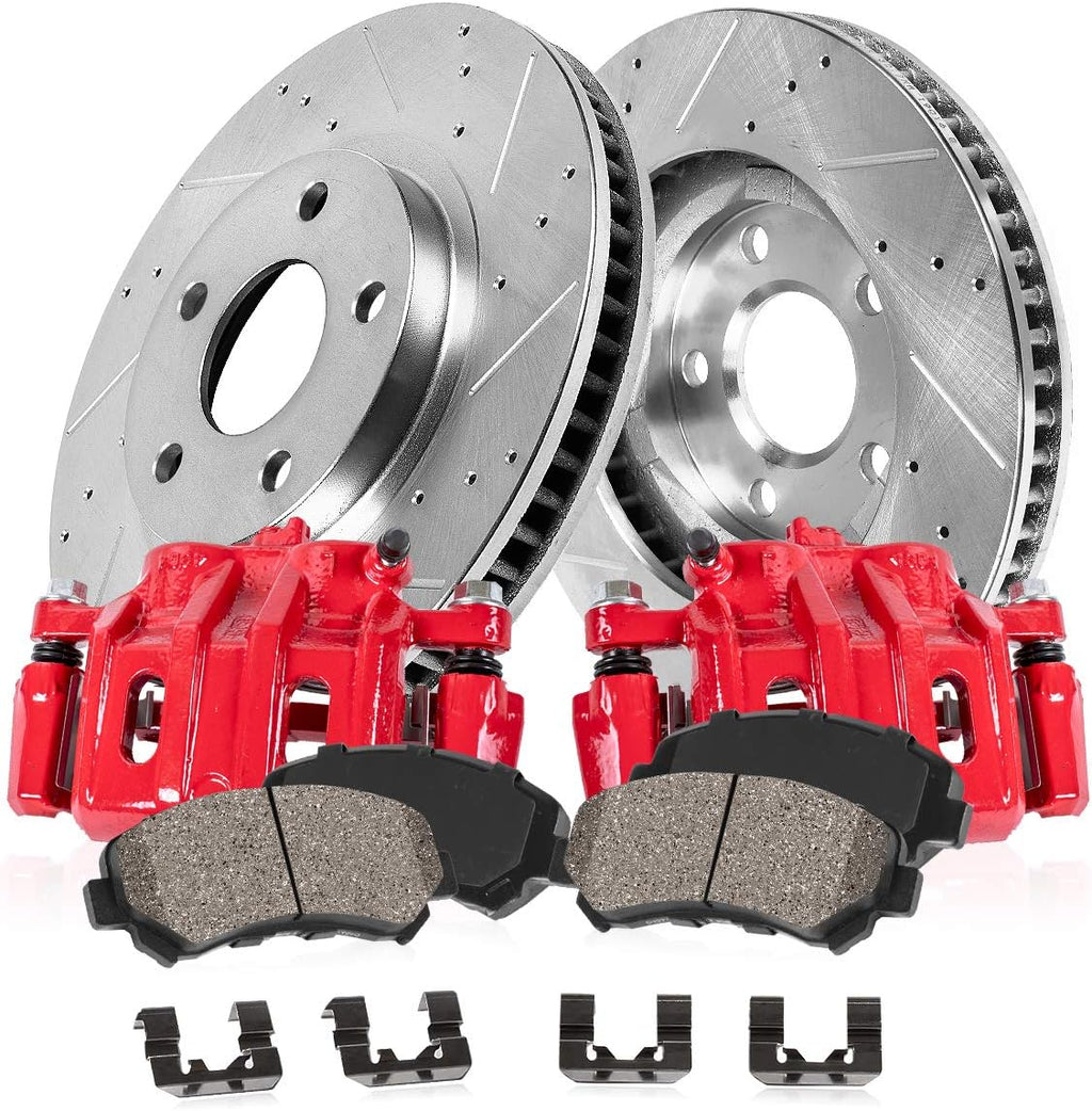 Powder Coated Red Loaded Calipers + Drilled Slotted Rotors + Ceramic Brake Pads Kit S8883