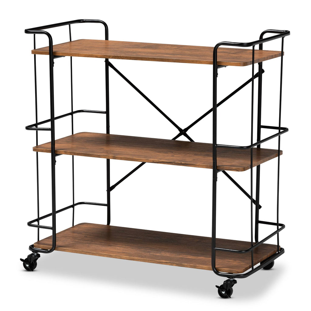 Black Metal and Walnut Finished Wood Bar and Kitchen Serving Cart B76625