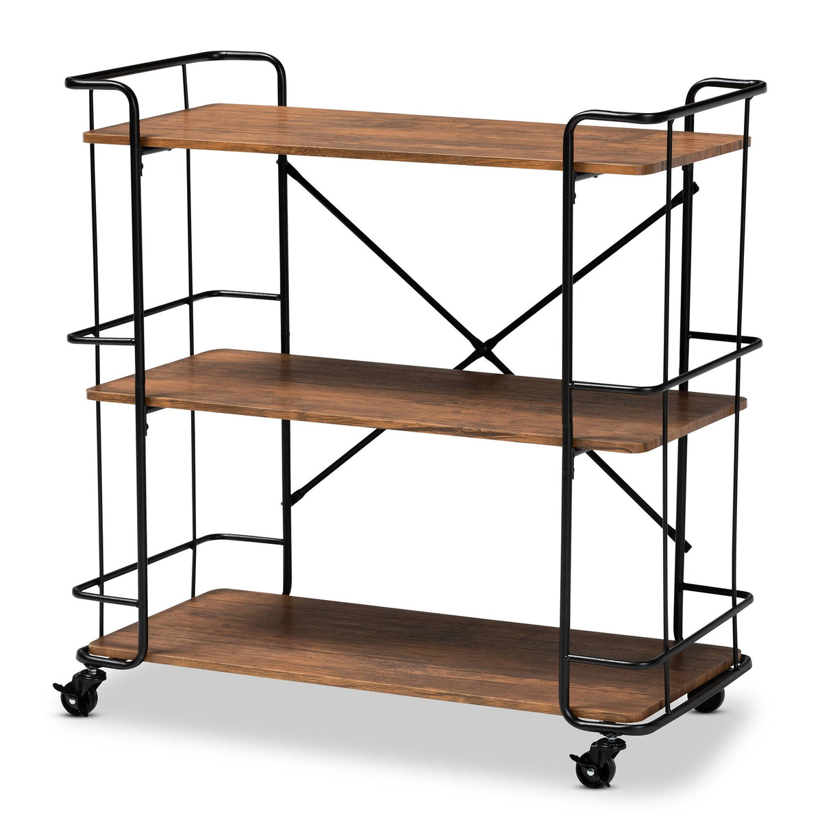 Black Metal and Walnut Finished Wood Bar and Kitchen Serving Cart B76625