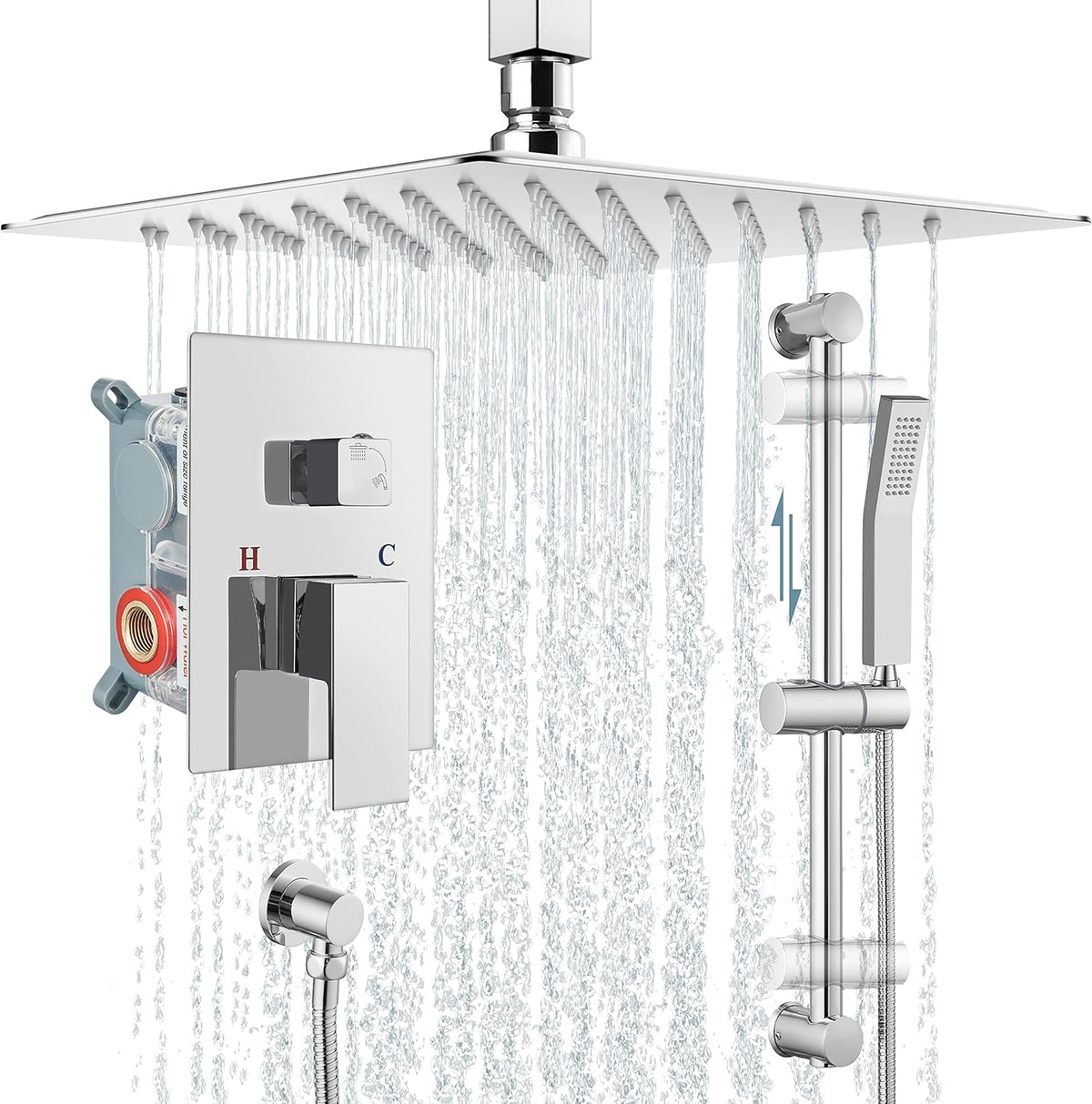 12 Inch Ceiling Mount Rain Shower Head Set with Slide Bar Handheld Spray E82499