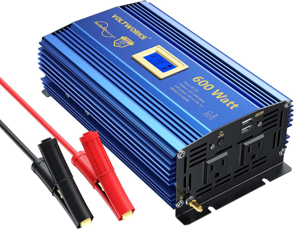 600 Watts Pure Sine Wave Power Inverter DC 12V to AC 110V with Dual USB Port & LCD Display N897
