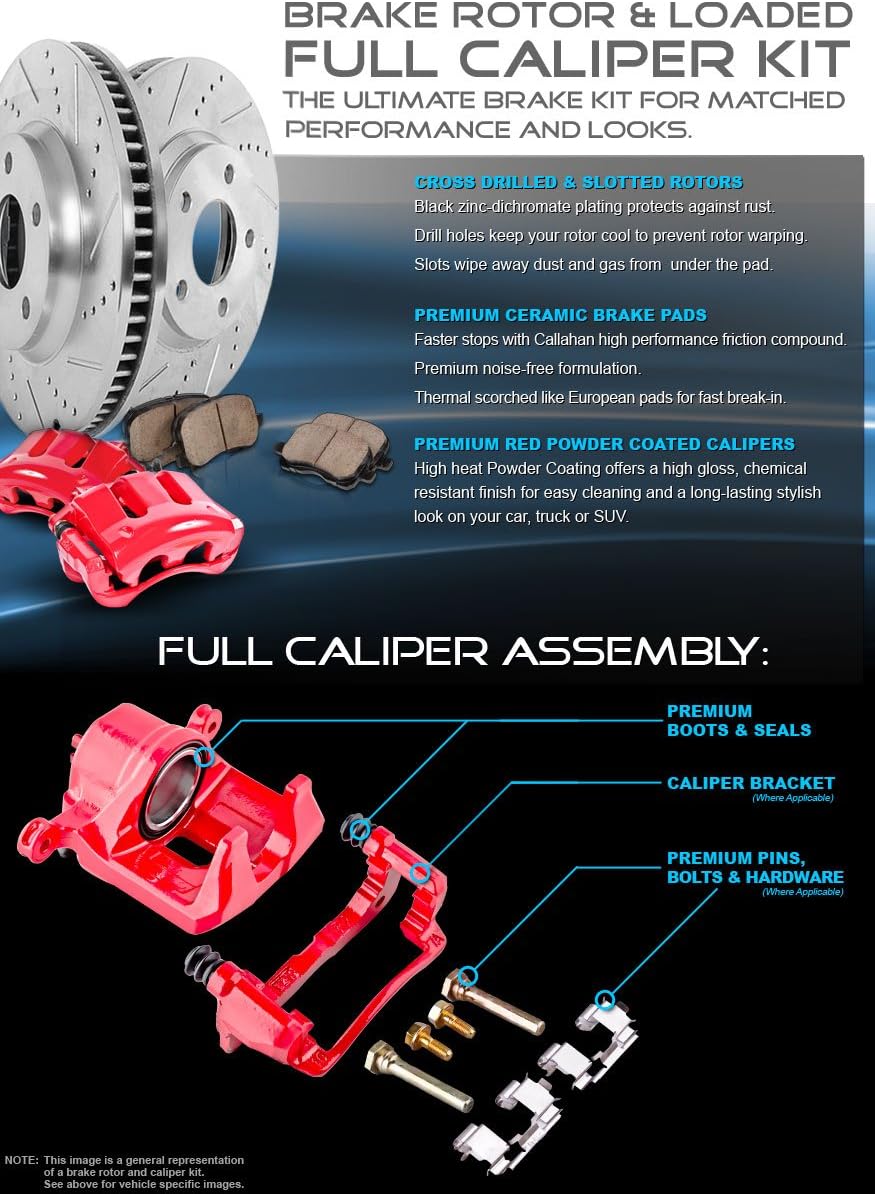 Red Powder Coated Calipers Drilled Slotted Rotors Ceramic Pads W8884