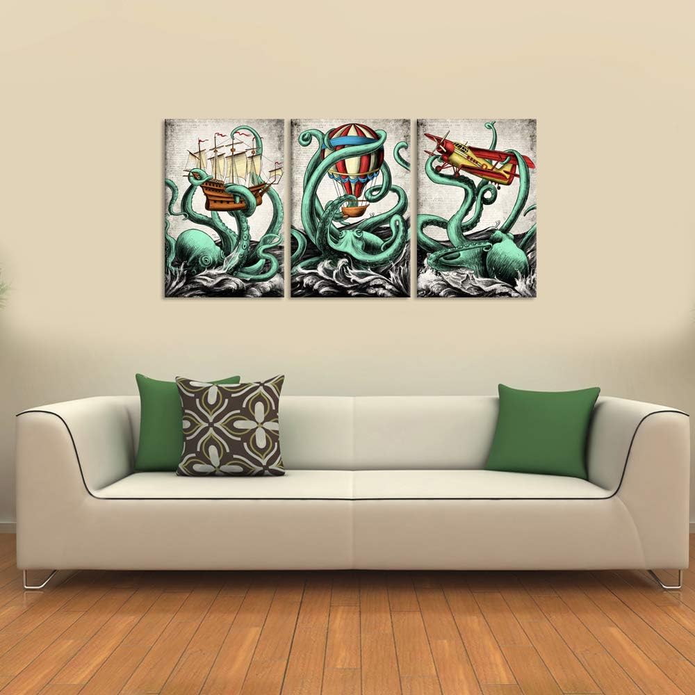 Teal Octopus Canvas Wall Art Framed Ready to Hang 16x24inchx3pcs K510991