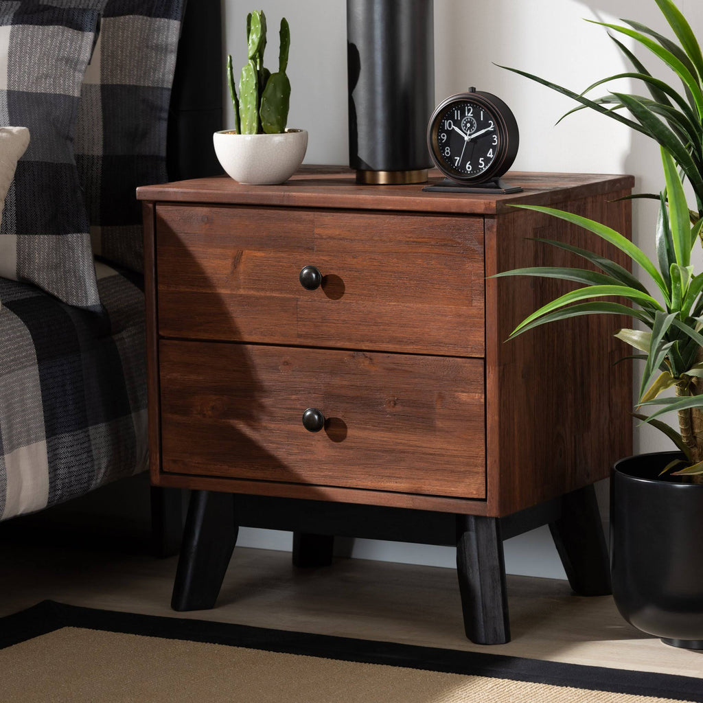 Brown and Black Oak Finished 2-Drawer Wood Nightstand N809286