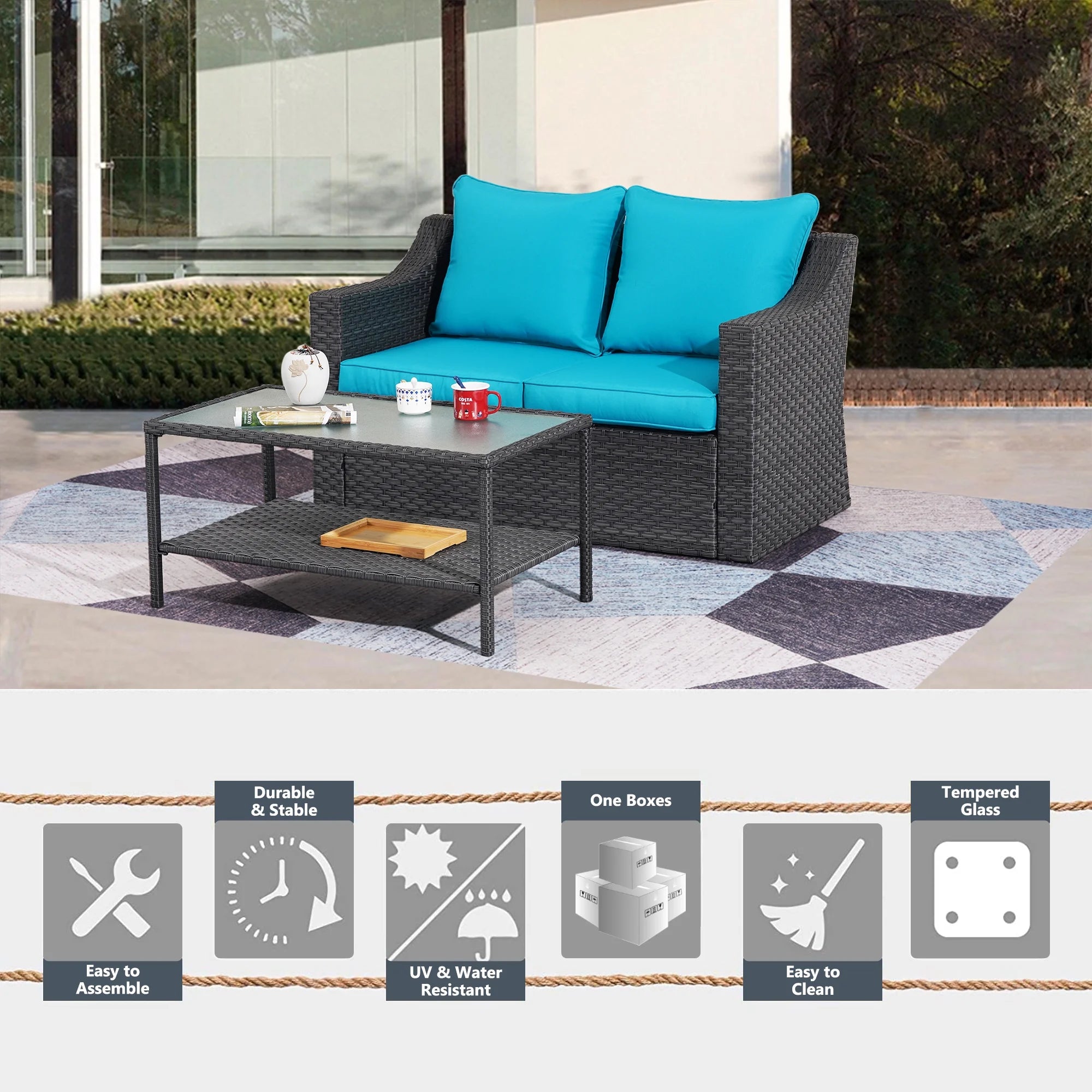 Gray Rattan Patio Loveseat with Glass Table M835993