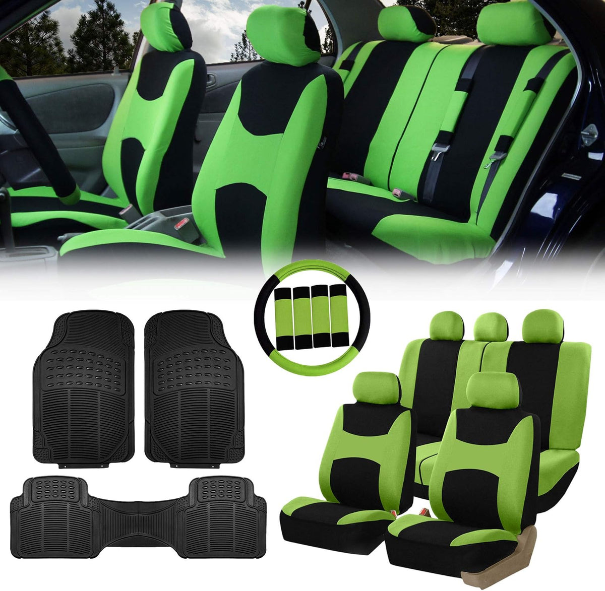 Beige Black Cloth Car Seat Covers Combo Set with Steering Wheel Cover, Seat Belt Pads and Vinyl Floor Mats L15949