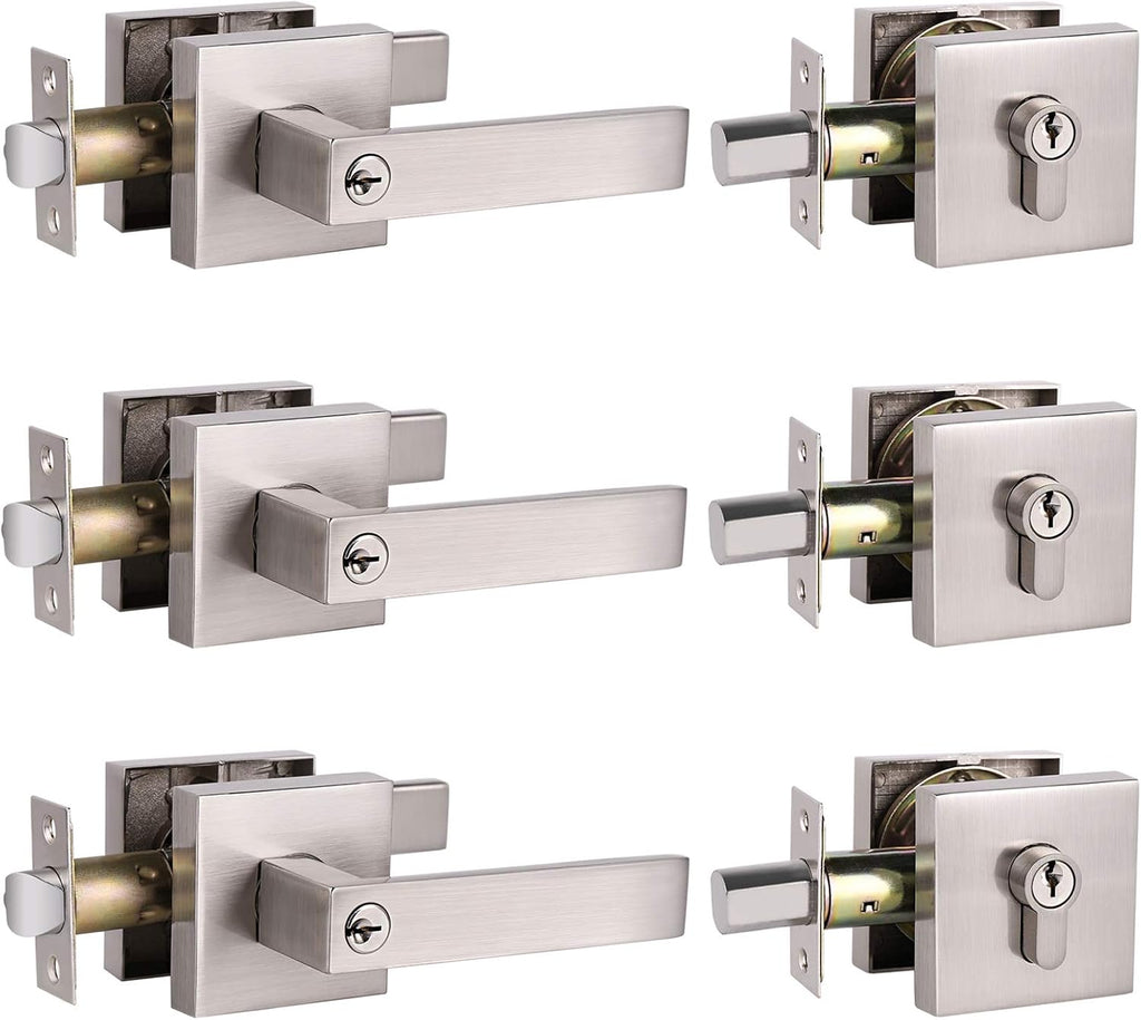 3 Pack Brushed Nickel Entrance Lever Door Handle with Double Cylinder Deadbolt Locksets Keyed Alike V259470