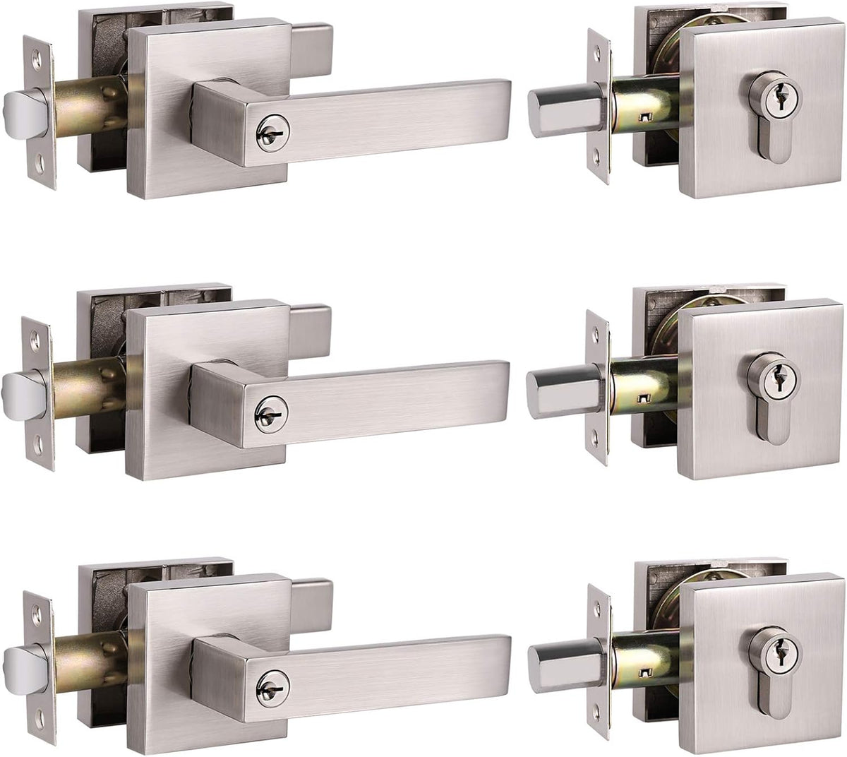 3 Pack Brushed Nickel Entrance Lever Door Handle with Double Cylinder Deadbolt Locksets Keyed Alike V259470