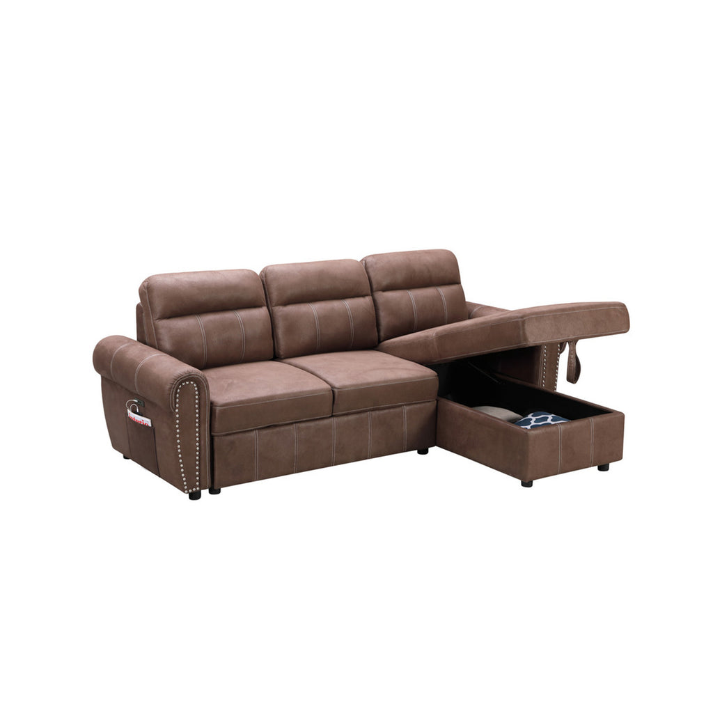 Brown Reversible Sleeper Sectional Sofa Chaise with USB Charger W84077