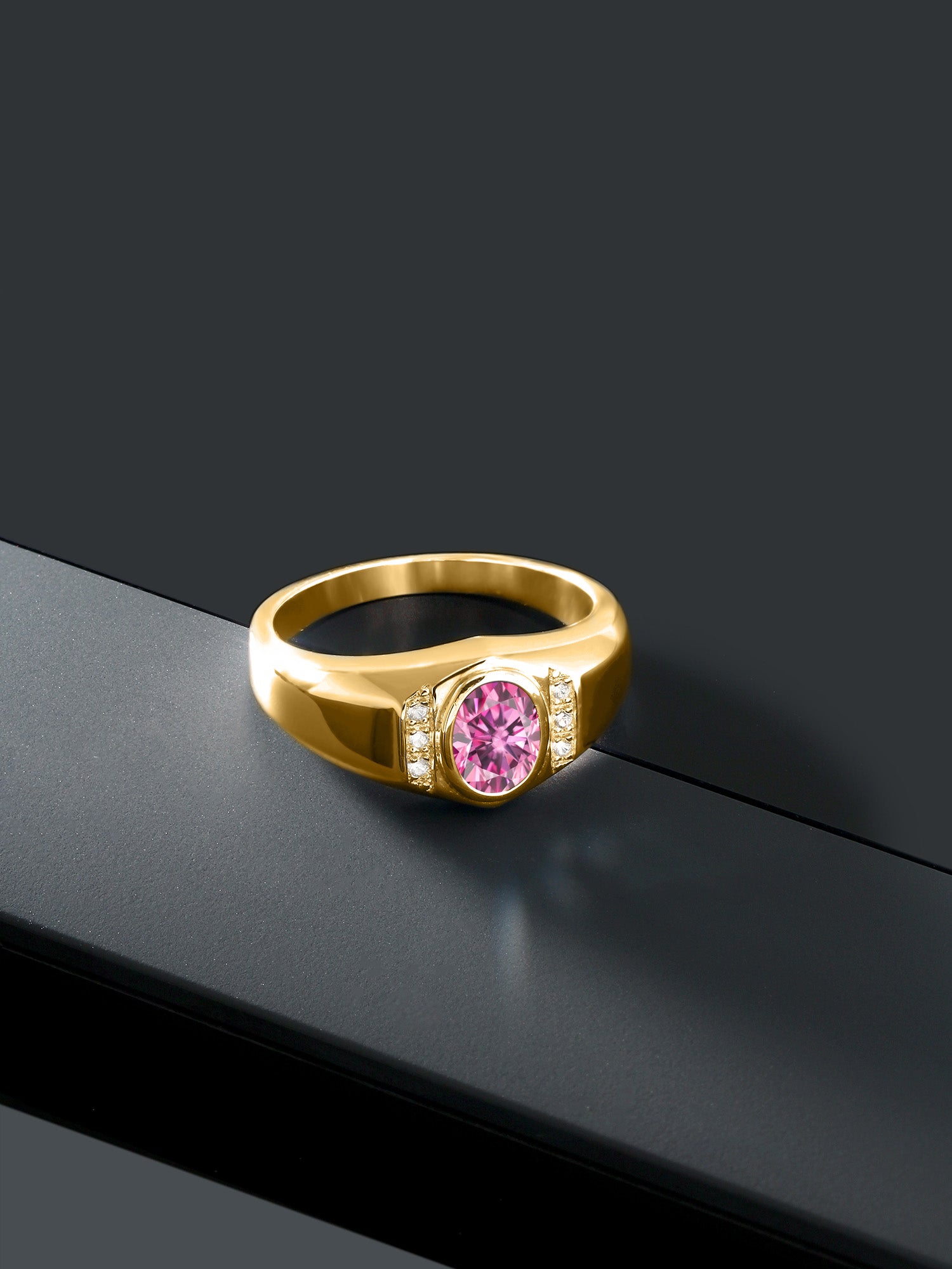 18K Yellow Gold Plated Silver Oval Pink Moissanite and Created Sapphire Ring S34131
