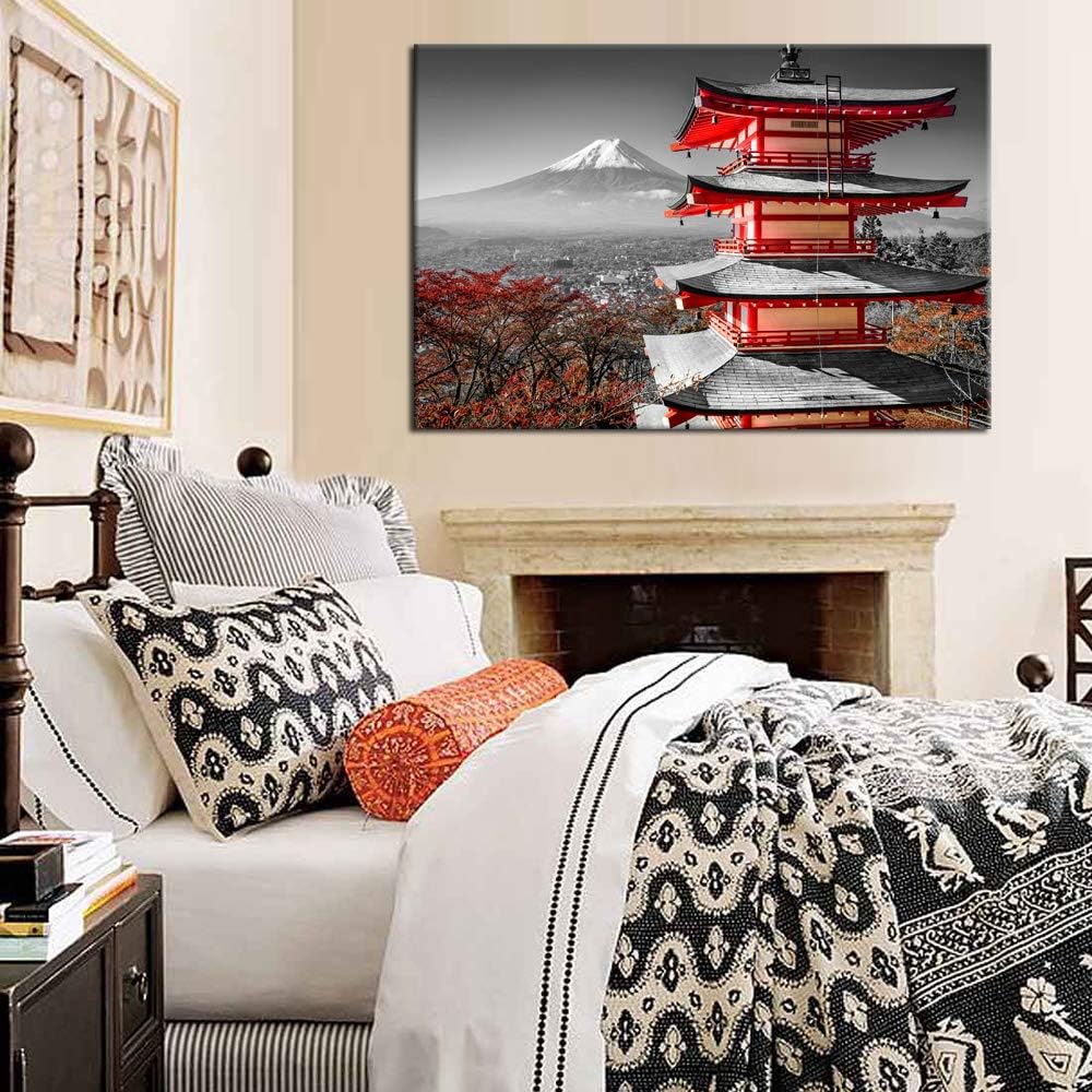Black and White Photograph with Pop of Red on a Chinese Shrine Canvas Prints Wall Art Fall Landscape Photo to Canvas Giclee Artwork with Frame Ready to Hang Home Decor 24x36inch Z4304