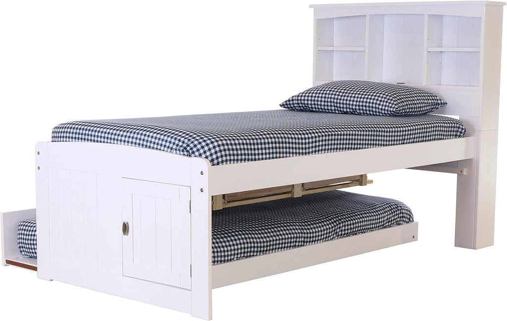 White Twin Bookcase Bed with 3 Drawers and Trundle D42771