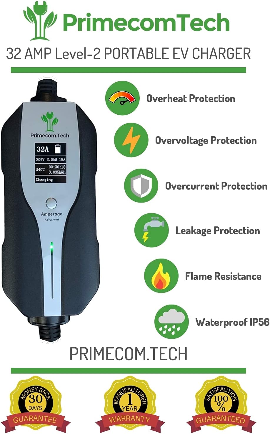 Level 2 Electric Vehicle Charger Amperage Adjustable 40Ft Cable EVSE Plug-in Hybrid Q962