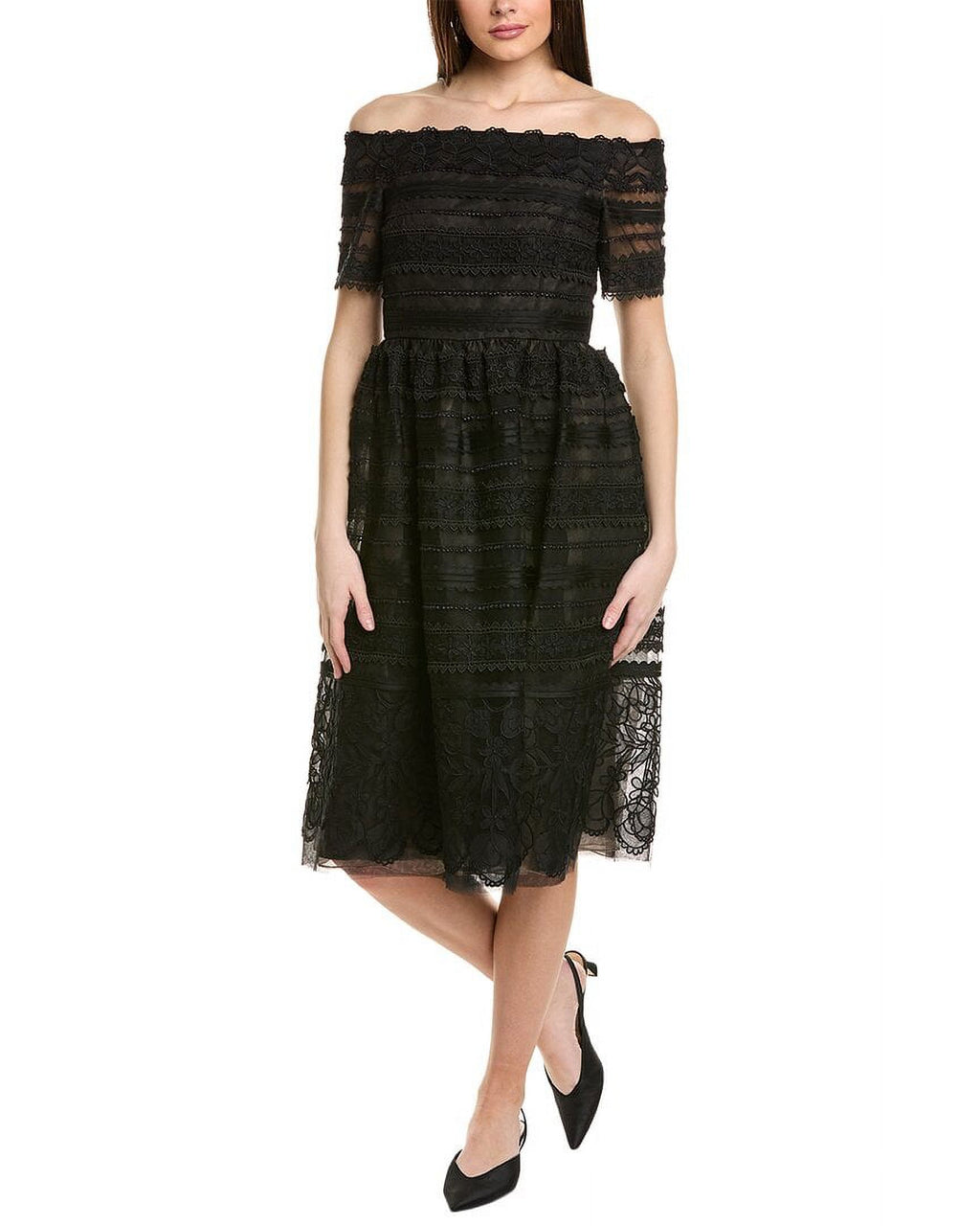Black Lace Off-Shoulder Midi Dress P893312