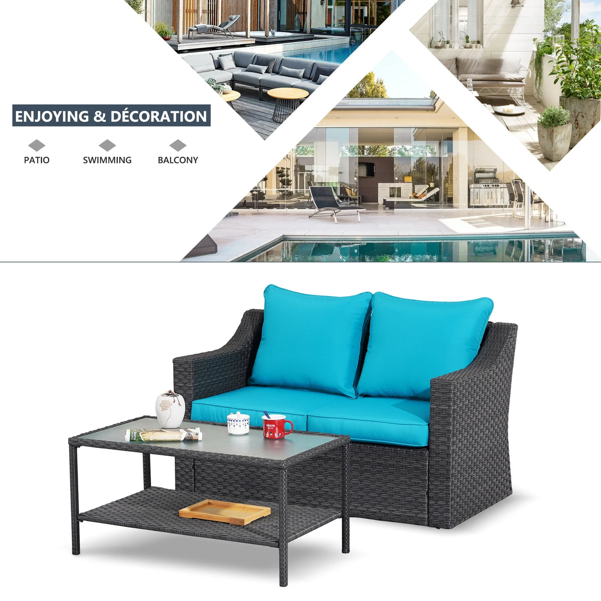 Gray Rattan Patio Loveseat with Glass Table M835993