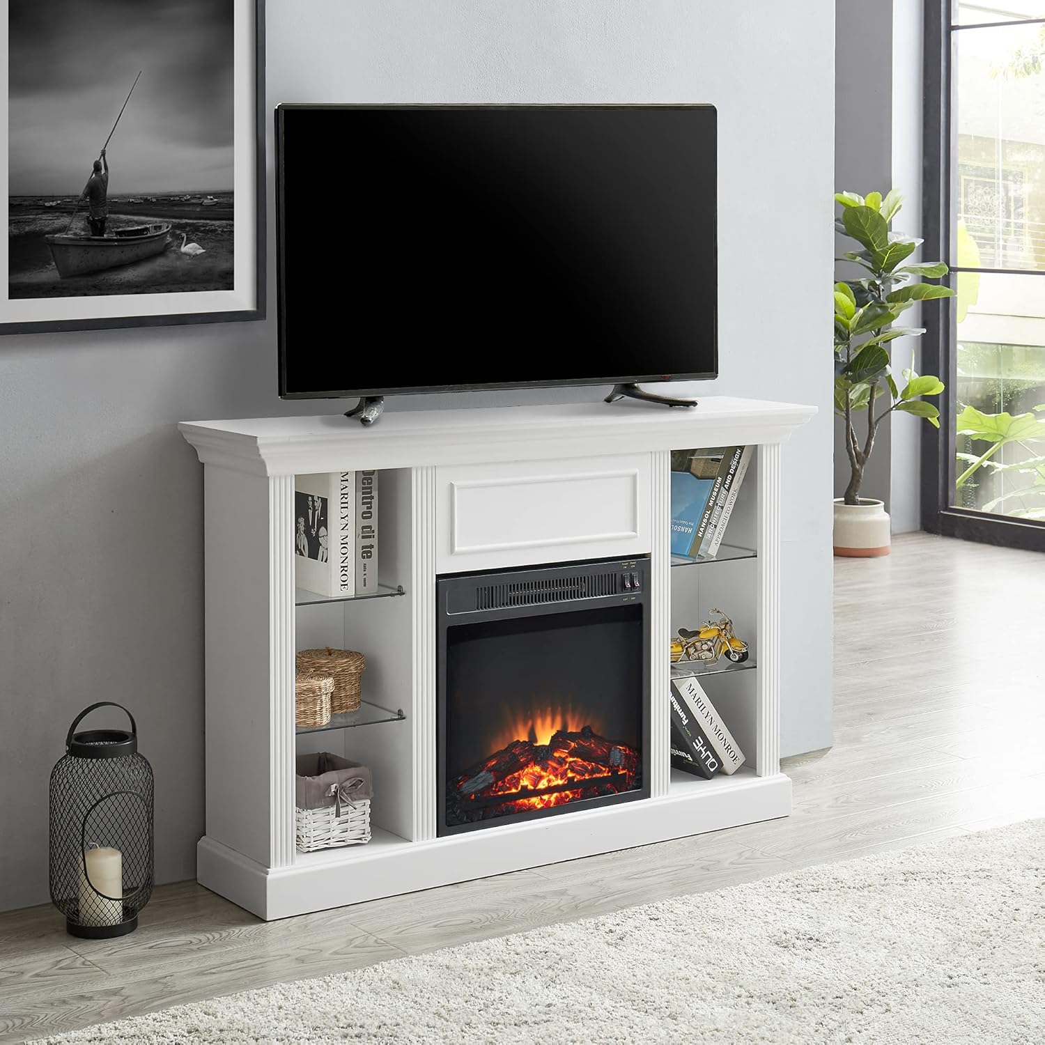White Electric Fireplace TV Stand with Tempered Glass Shelves E957