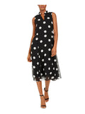 Black Tie Zippered Polka Dot Sleeveless V Neck Below The Knee Fit + Flare Party Dress XXS B788