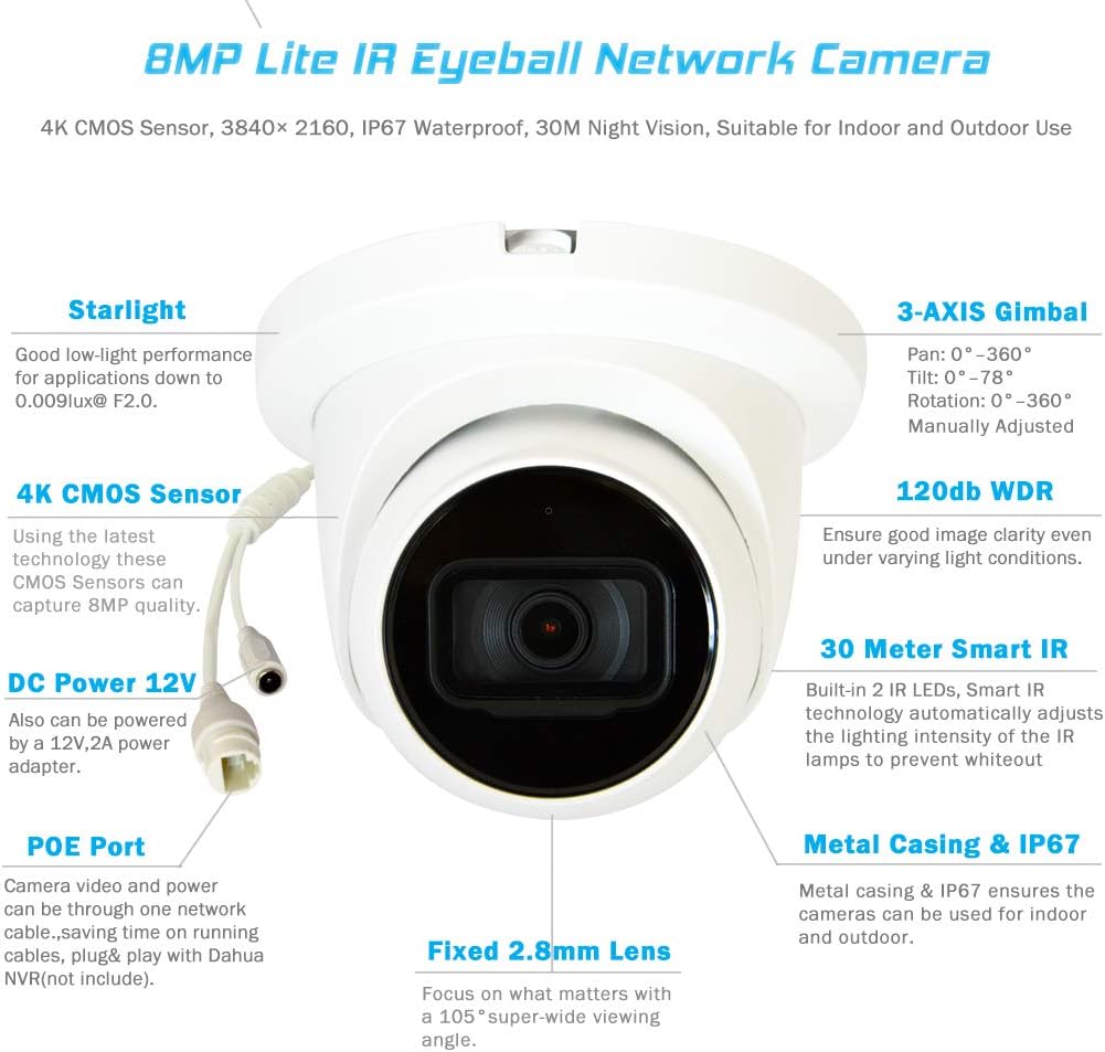 IP Poe Camera Outdoor 8MP Fixed-Focal 2.8mm Turret UltraHD 4k Security Weatherproof IR Starlight Network Dome Surveillance 98ft Night Vision Built-in Mic IP67 K8796